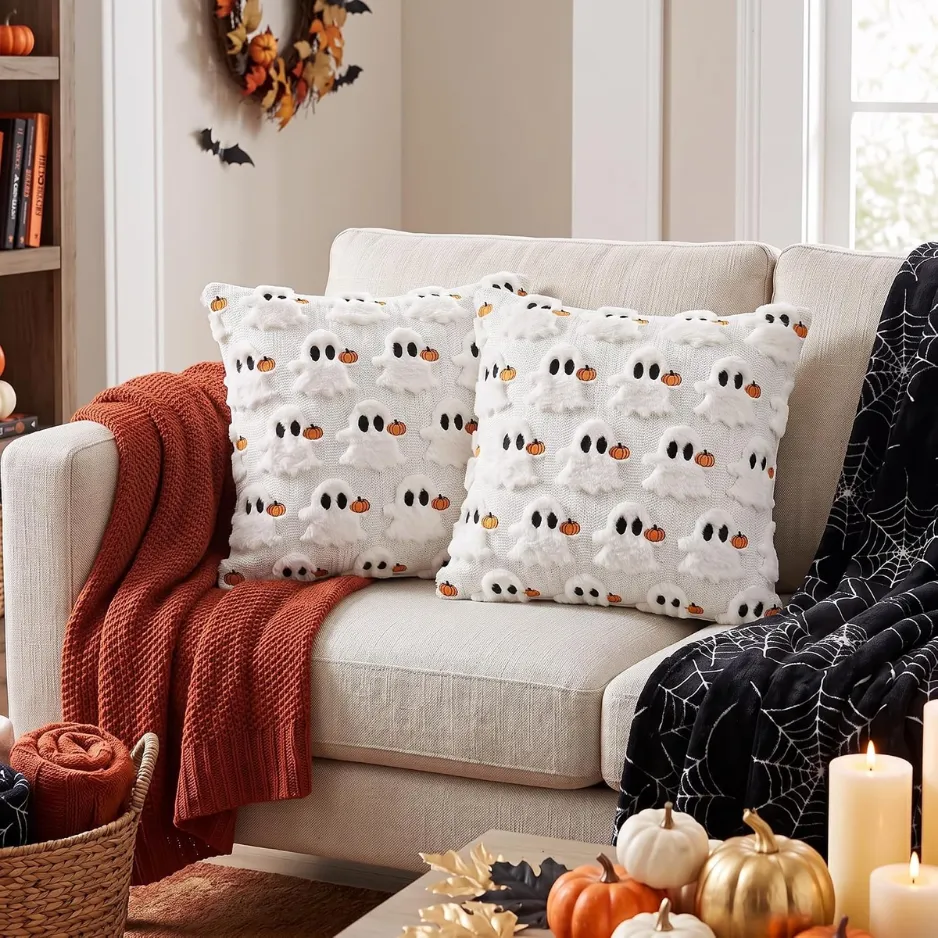 Halloween Ghost Cream White Throw Pillow 3