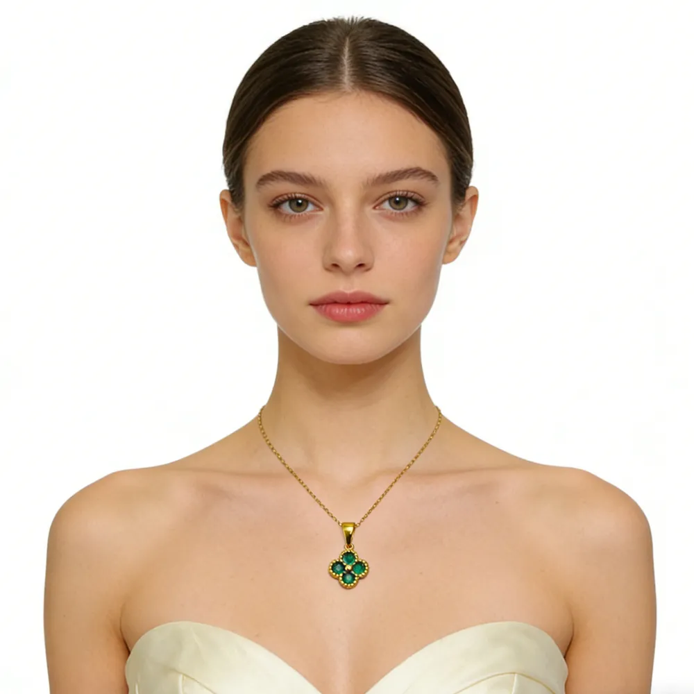 Green 4 Leaf Clover 24K Gold Necklace For 3
