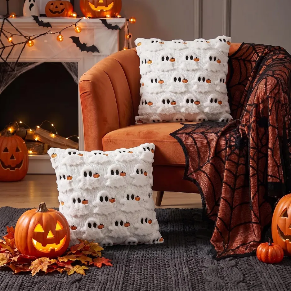 Halloween Ghost Cream White Throw Pillow 2