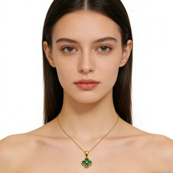 Green 4 Leaf Clover 24K Gold Necklace For