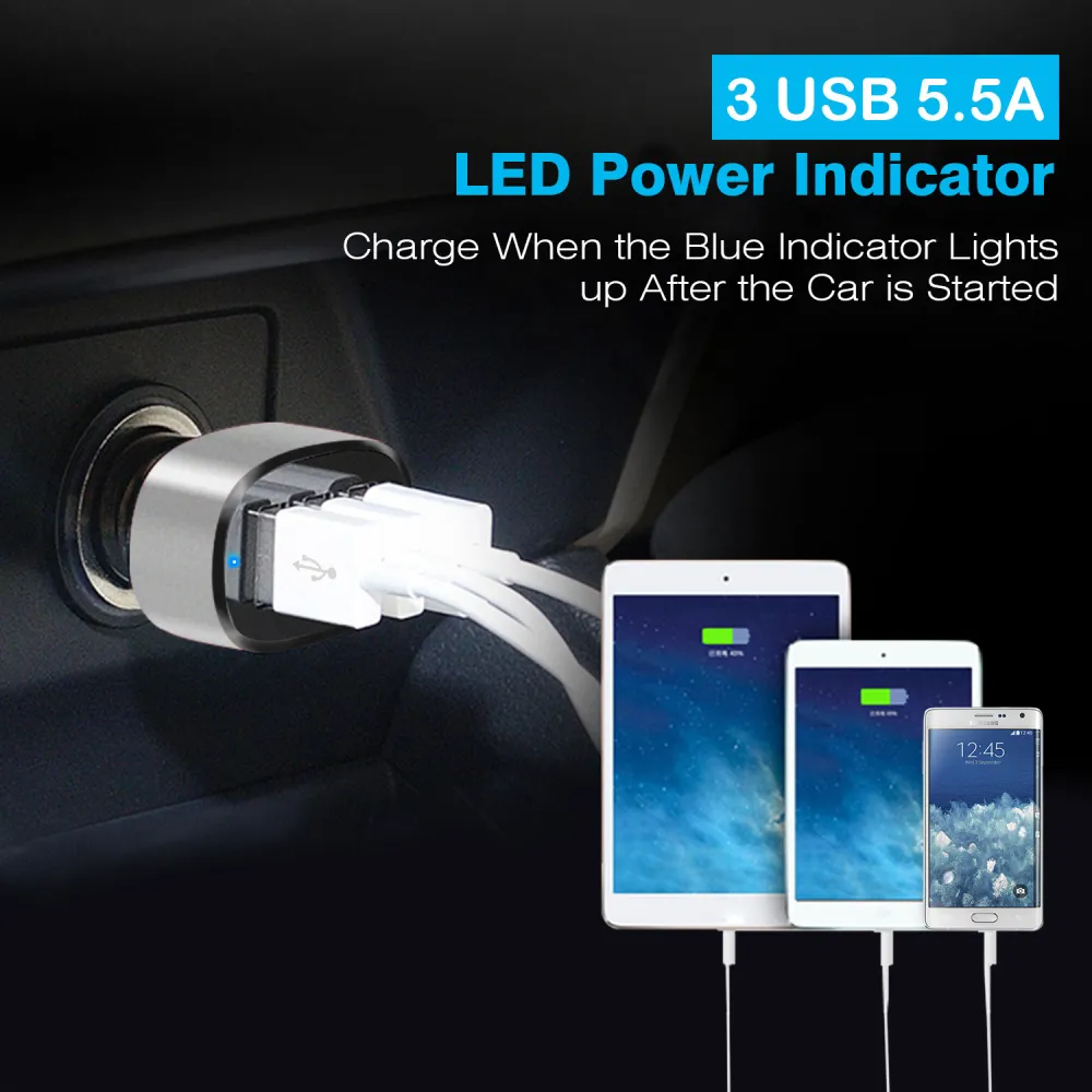 3Port USB Car Charger 30W 5.5A For IOS Phone 3